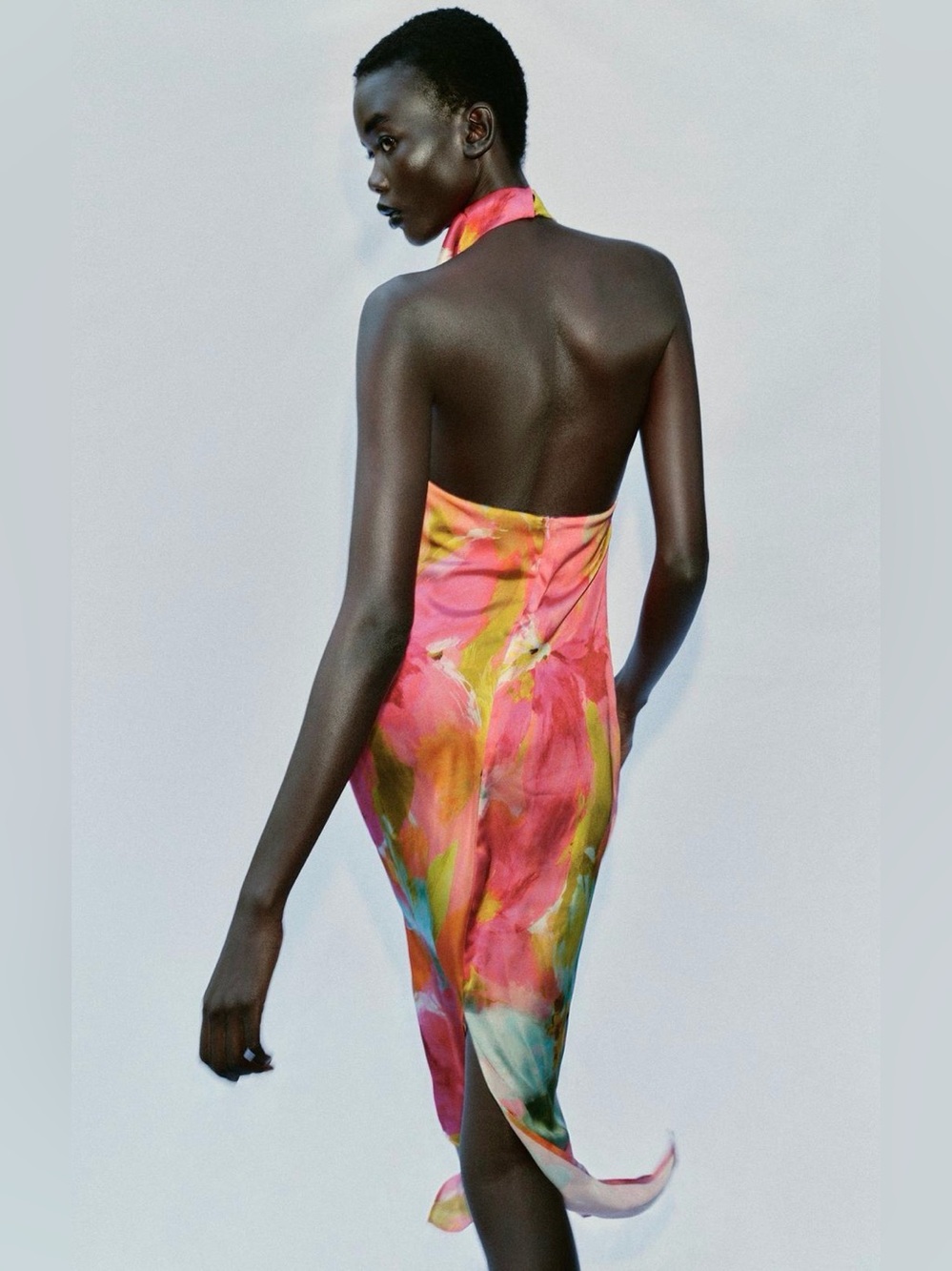 Zara Backless Halter Floral Satin Midi Dress in Pink and Yellow